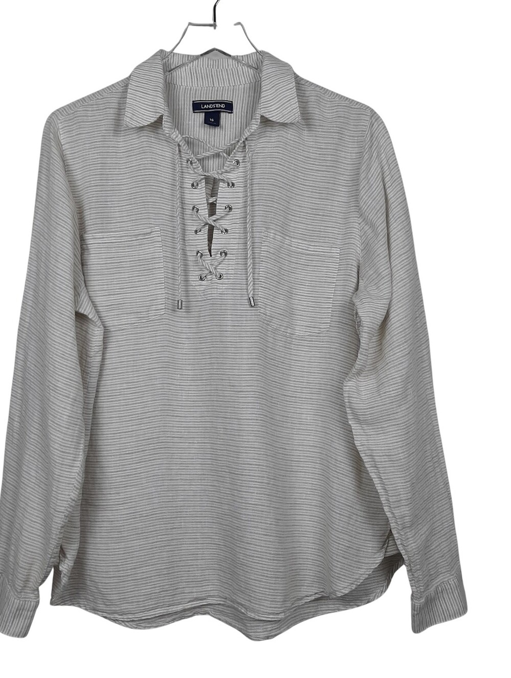 Lands' End Linen Lagenlook Tan White Stripe Top Size 16